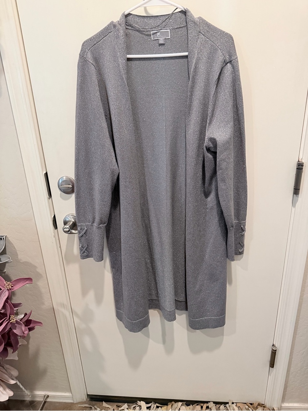 JM Collection Sparkle Knit Open Cardigan in Metallic Charcoal